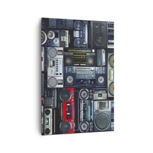Impression sur toile - Image sur toile - Un collage de magnétophones rétro et d'enceintes vintage. - 70x100cm - Nostalgie des années 80 - Décoration murale moderne pour le salon et la chambre ARTTOR