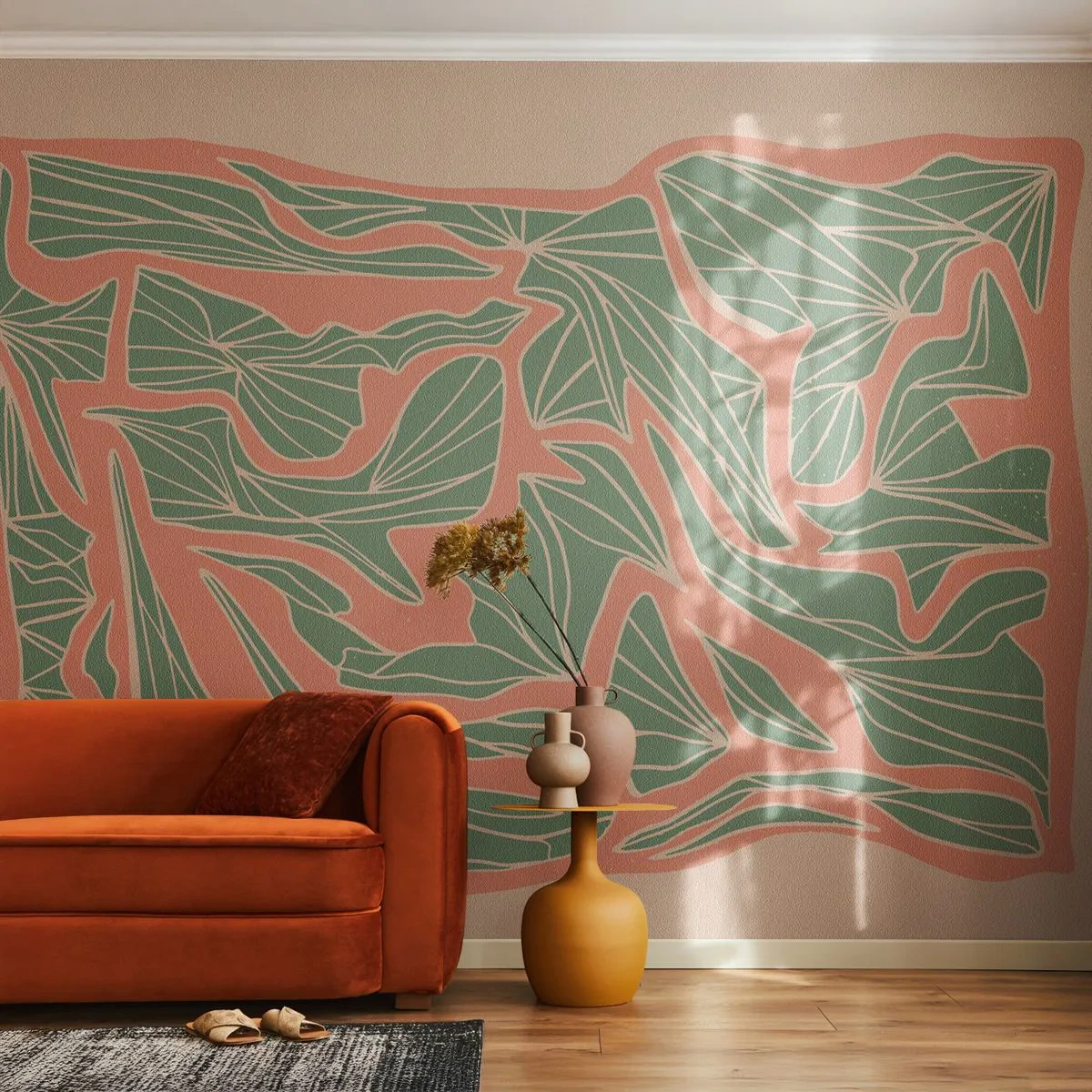 Papier Peint Photo Premium Sand - Feuilles vertes sur fond corail et beige - 100x70cm - La lutte entre le corail et la verdure - Décoration murale moderne pour le salon et la chambre ARTTOR
