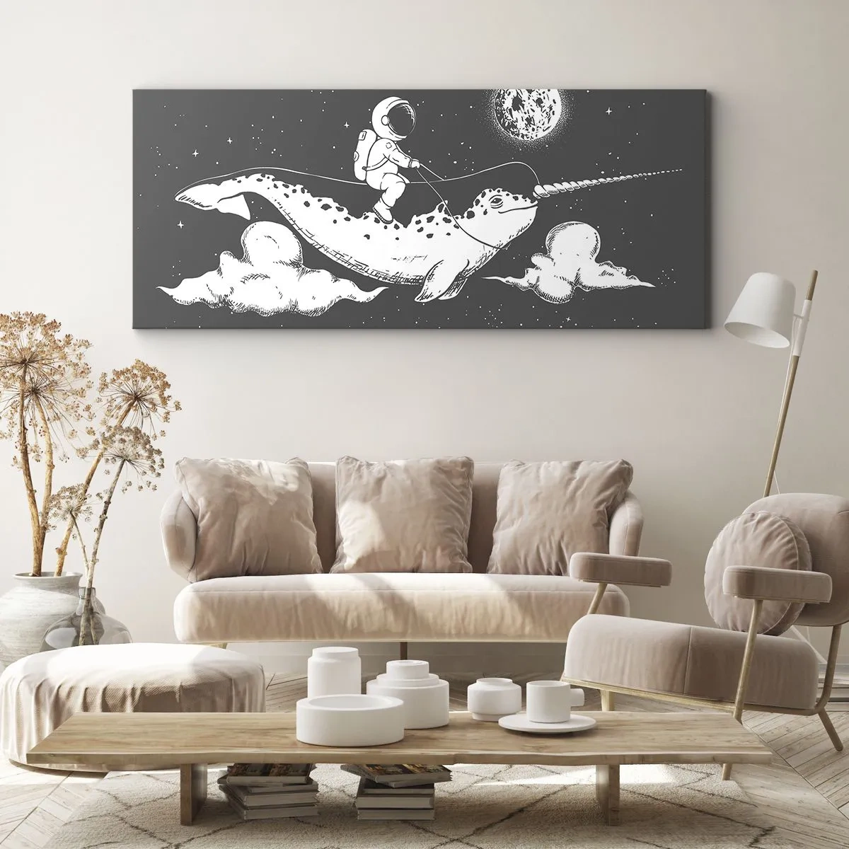 Impression sur toile - Image sur toile - Un astronaute sur le dos d'un narval flottant dans une scène spatiale. - 140x50cm - Cavalier de l'espace - Décoration murale moderne pour le salon et la chambre ARTTOR