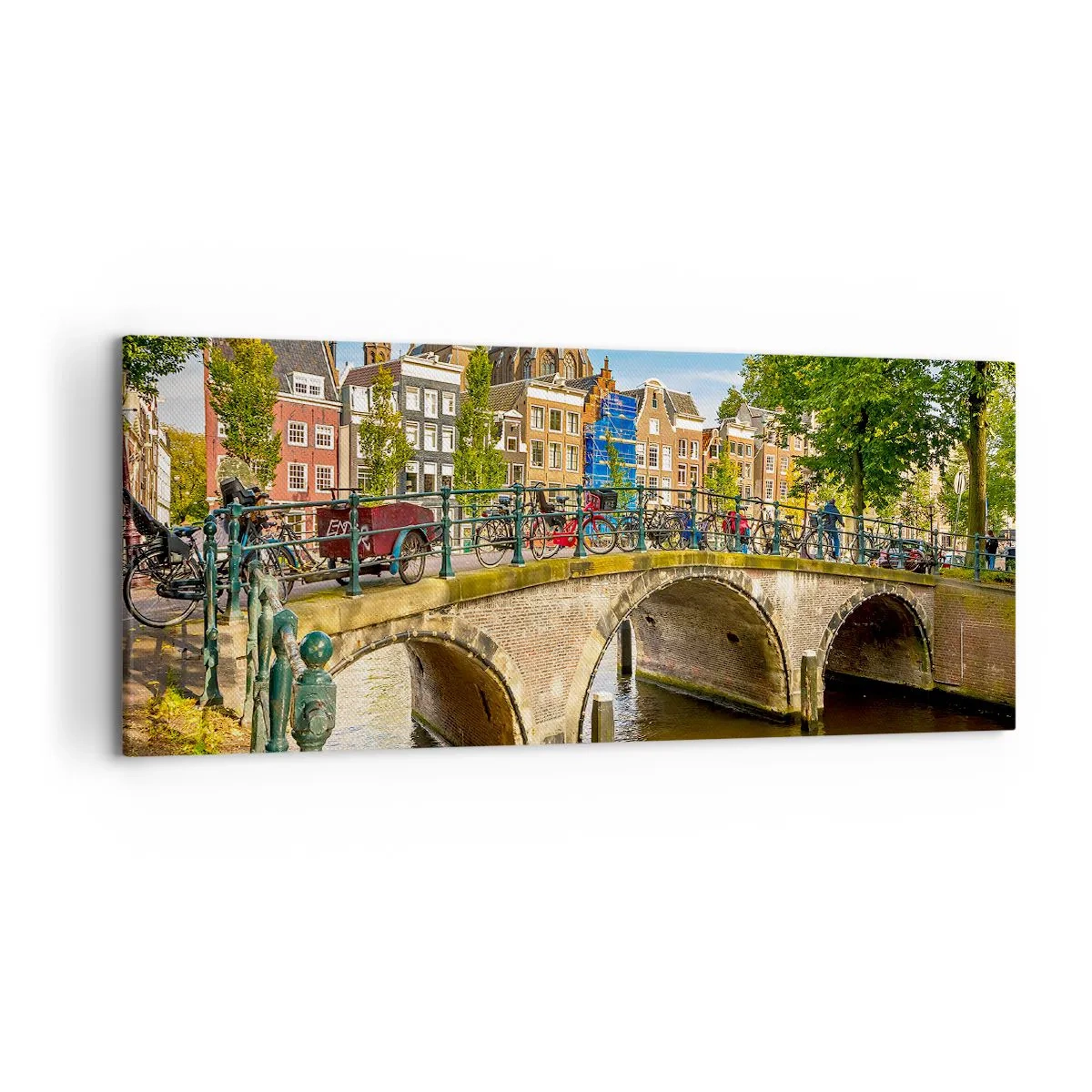 Impression sur toile - Image sur toile - Un canal pittoresque avec un pont à Amsterdam - 120x50cm - Le printemps sur le canal - Décoration murale moderne pour le salon et la chambre ARTTOR