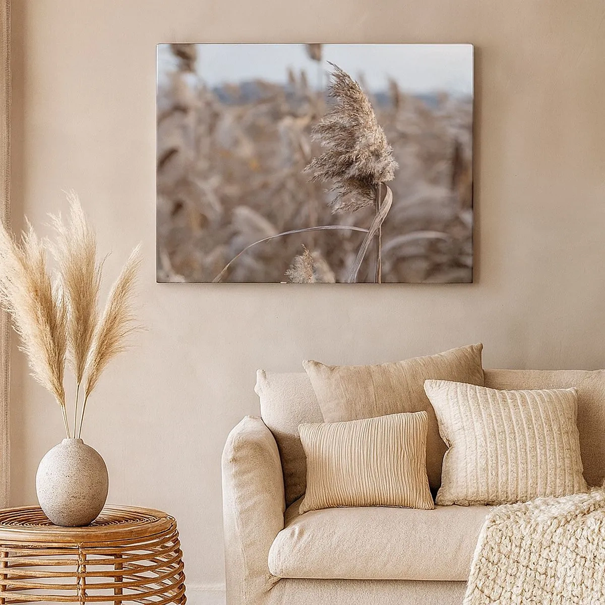 Impression sur toile - Image sur toile - Graminées délicates dans des tons beiges sur fond de nature - 70x50cm - Il est temps de s'envoler avec le vent - Décoration murale moderne pour le salon et la chambre ARTTOR
