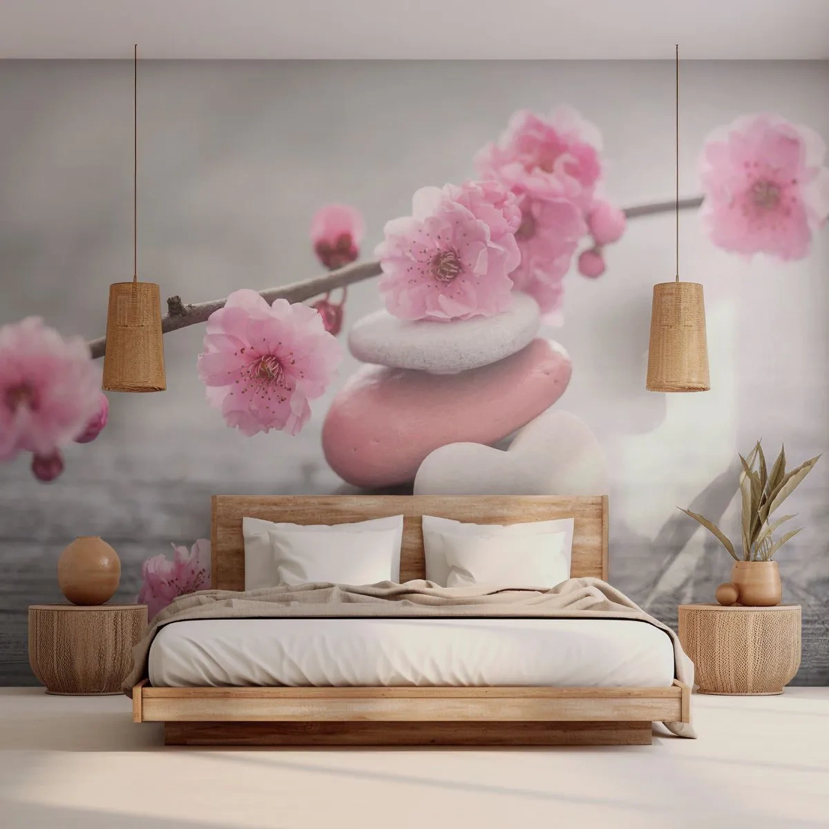 Papier Peint Photo Premium Sand - Pierres dans une composition harmonieuse avec des fleurs roses - 100x70cm - Le bonheur avec une fleur de cerisier - Décoration murale moderne pour le salon et la chambre ARTTOR
