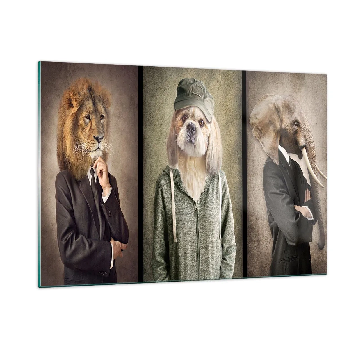 Impression sur verre - Image sur verre - Trois animaux aux styles variés, de l'élégant au décontracté - 120x80cm - je préfère plus détendu - Décoration murale moderne pour le salon et la chambre ARTTOR