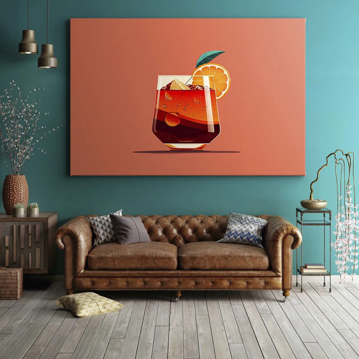 Impression sur toile - Image sur toile - Un verre de boisson et une tranche d'orange sur un fond orange - 100x70cm - Rafraîchissement d'été - Décoration murale moderne pour le salon et la chambre ARTTOR