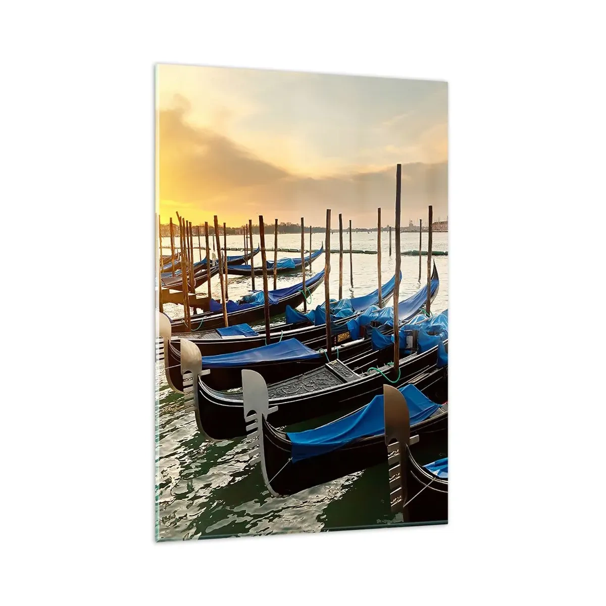 Impression sur verre - Image sur verre - Gondoles à Venise le matin à la lumière du soleil levant - 80x120cm - Avant que le vacarme n'arrive - Décoration murale moderne pour le salon et la chambre ARTTOR