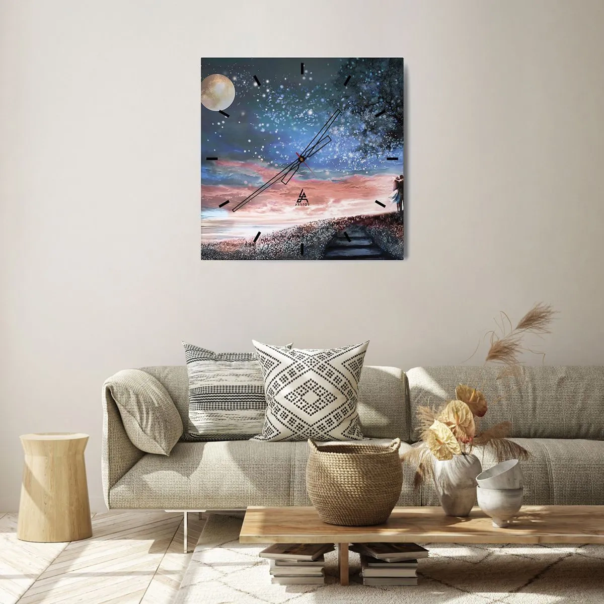 Horloge murale - Pendule murale - Scène de couple romantique sous la pleine lune - 30x30cm - Spectacle étoilé - Décoration murale moderne pour le salon et la chambre ARTTOR