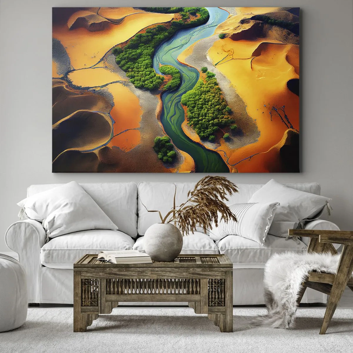 Impression sur toile - Image sur toile - Une rivière verte entourée de sable doré et de végétation - 120x80cm - Rivière vivifiante - Décoration murale moderne pour le salon et la chambre ARTTOR