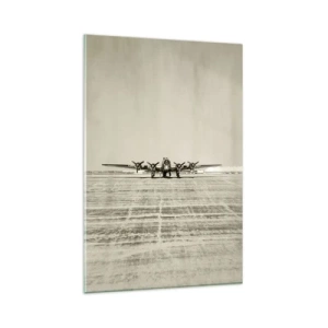 Impression sur verre - Image sur verre - Avion historique à l'aéroport en sépia - 80x120cm - Toujours prêt! - Décoration murale moderne pour le salon et la chambre ARTTOR