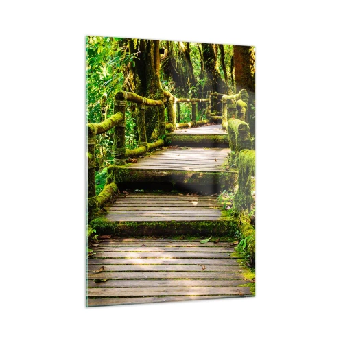 Impression sur verre - Image sur verre - Un chemin en bois dans une forêt verte couverte de mousse - 50x70cm - Un couloir de verdure - Décoration murale moderne pour le salon et la chambre ARTTOR
