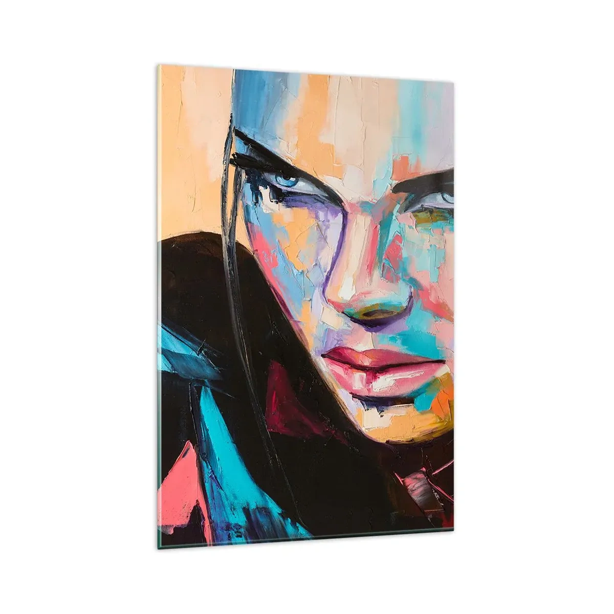 Impression sur verre - Image sur verre - Portrait d'une femme aux couleurs abstraites vives - 80x120cm - Le coeur sauvageon - Décoration murale moderne pour le salon et la chambre ARTTOR