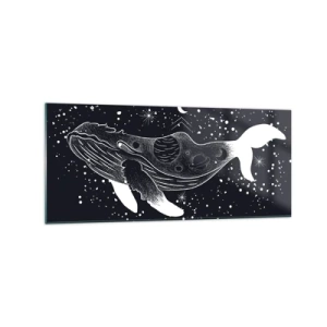 Impression sur verre - Image sur verre - Une illustration graphique d'une baleine dans un style de l'ère spatiale. - 120x50cm - Dans l'océan de l'univers - Décoration murale moderne pour le salon et la chambre ARTTOR
