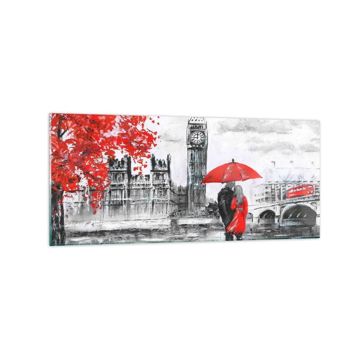 Impression sur verre - Image sur verre - Scène romantique avec Big Ben et un parapluie rouge - 120x50cm - Amoureux de Londres - Décoration murale moderne pour le salon et la chambre ARTTOR