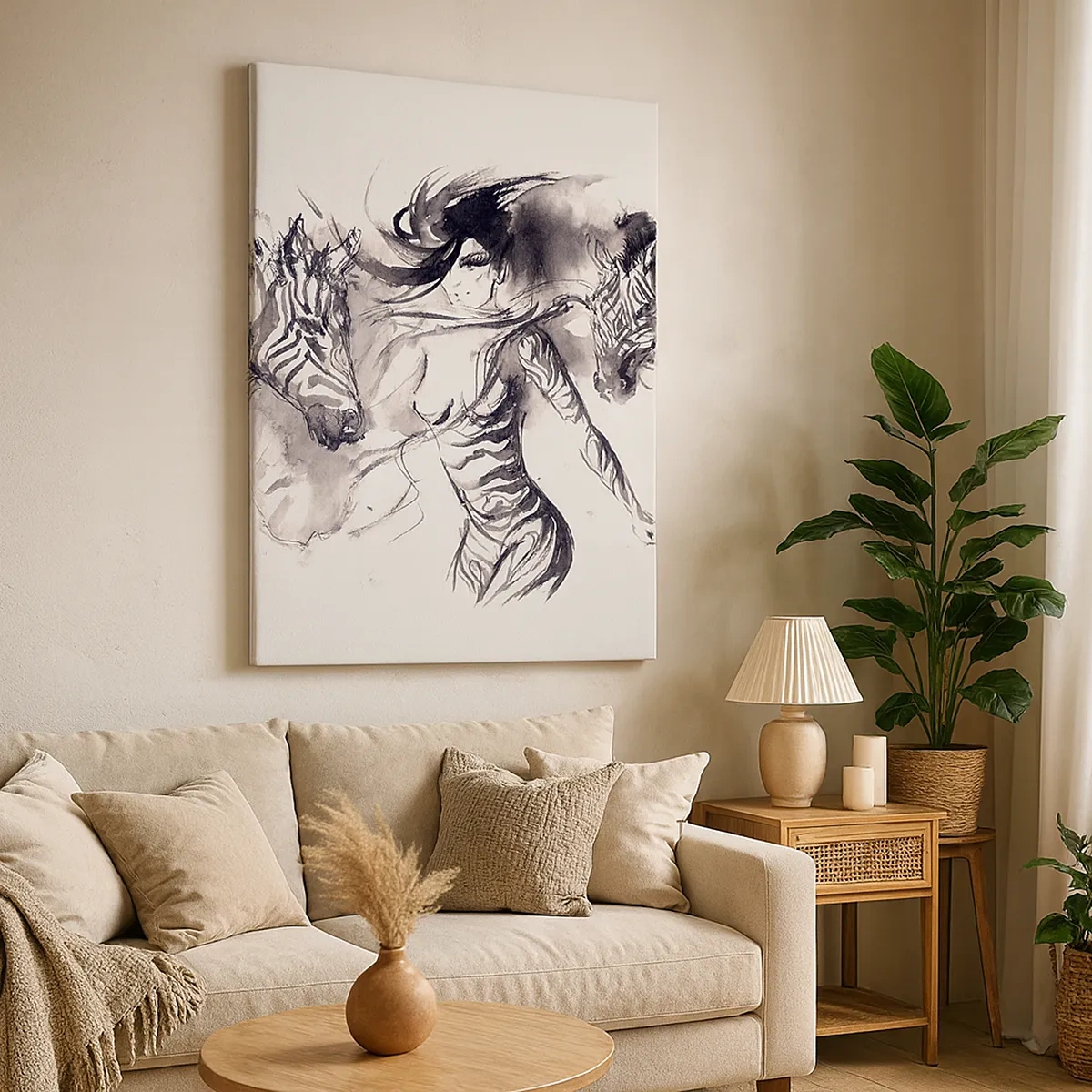Impression sur toile - Image sur toile - Une femme dans une danse dynamique avec des zèbres dans une esthétique noir et blanc - 50x70cm - Danse avec les zèbres - Décoration murale moderne pour le salon et la chambre ARTTOR