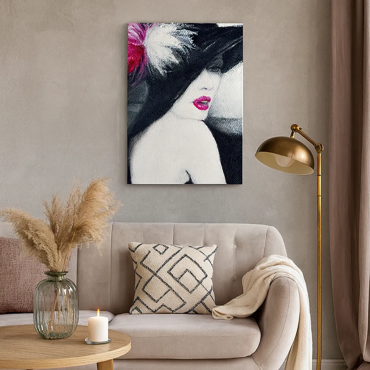 Impression sur toile - Image sur toile - Femme élégante avec un chapeau à plumes - 50x70cm - Toujours un secret - Décoration murale moderne pour le salon et la chambre ARTTOR