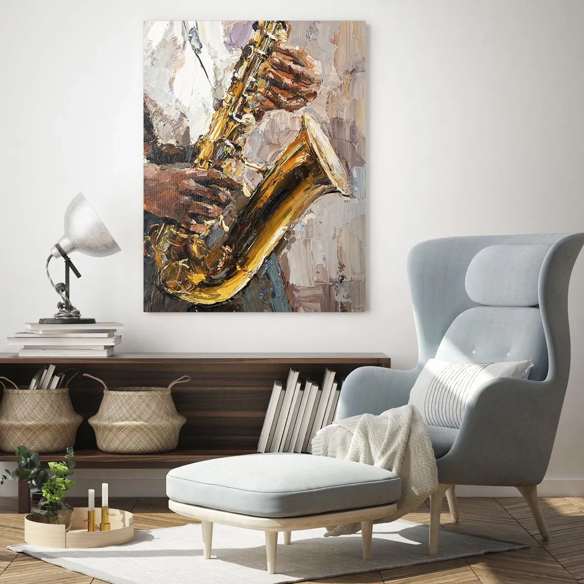 Impression sur verre - Image sur verre - Un musicien jouant du saxophone dans un style artistique - 80x120cm - C'est l'heure du solo - Décoration murale moderne pour le salon et la chambre ARTTOR
