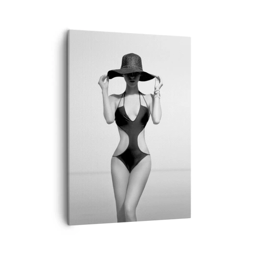 Impression sur toile - Image sur toile - Silhouette noire et blanche d'une femme portant un chapeau sur fond de mer - 50x70cm - Mon prénom? Élégance - Décoration murale moderne pour le salon et la chambre ARTTOR