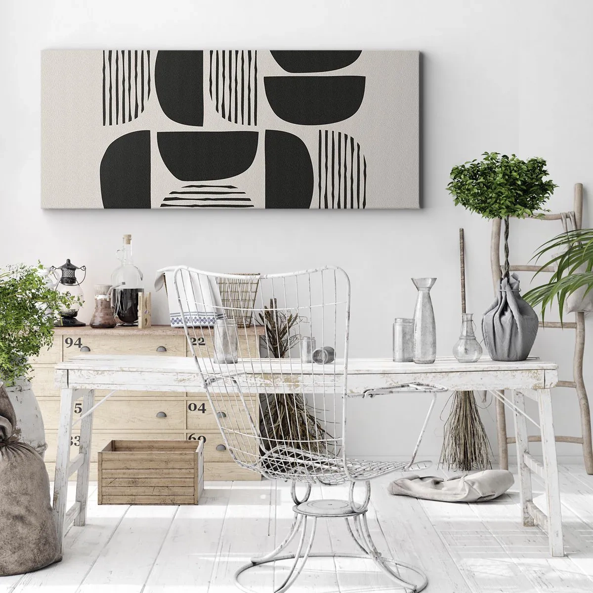 Impression sur toile - Image sur toile - Géométrie avec demi-cercles et lignes en noir sur fond clair - 140x50cm - Offres sans enthousiasme - Décoration murale moderne pour le salon et la chambre ARTTOR