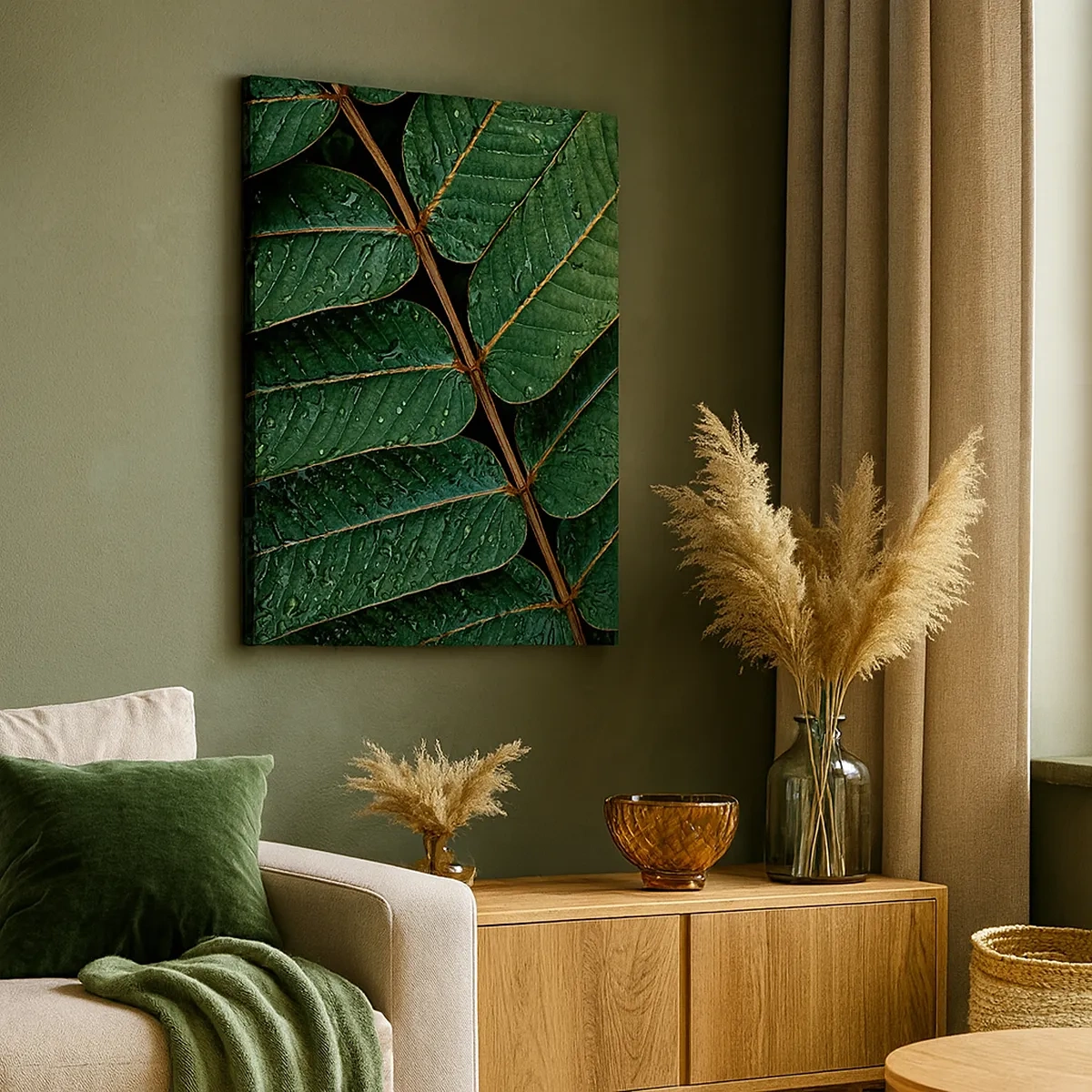 Impression sur toile - Image sur toile - Macro shot de feuilles vertes avec des gouttes de rosée - 50x70cm - Au rythme de la verdure - Décoration murale moderne pour le salon et la chambre ARTTOR