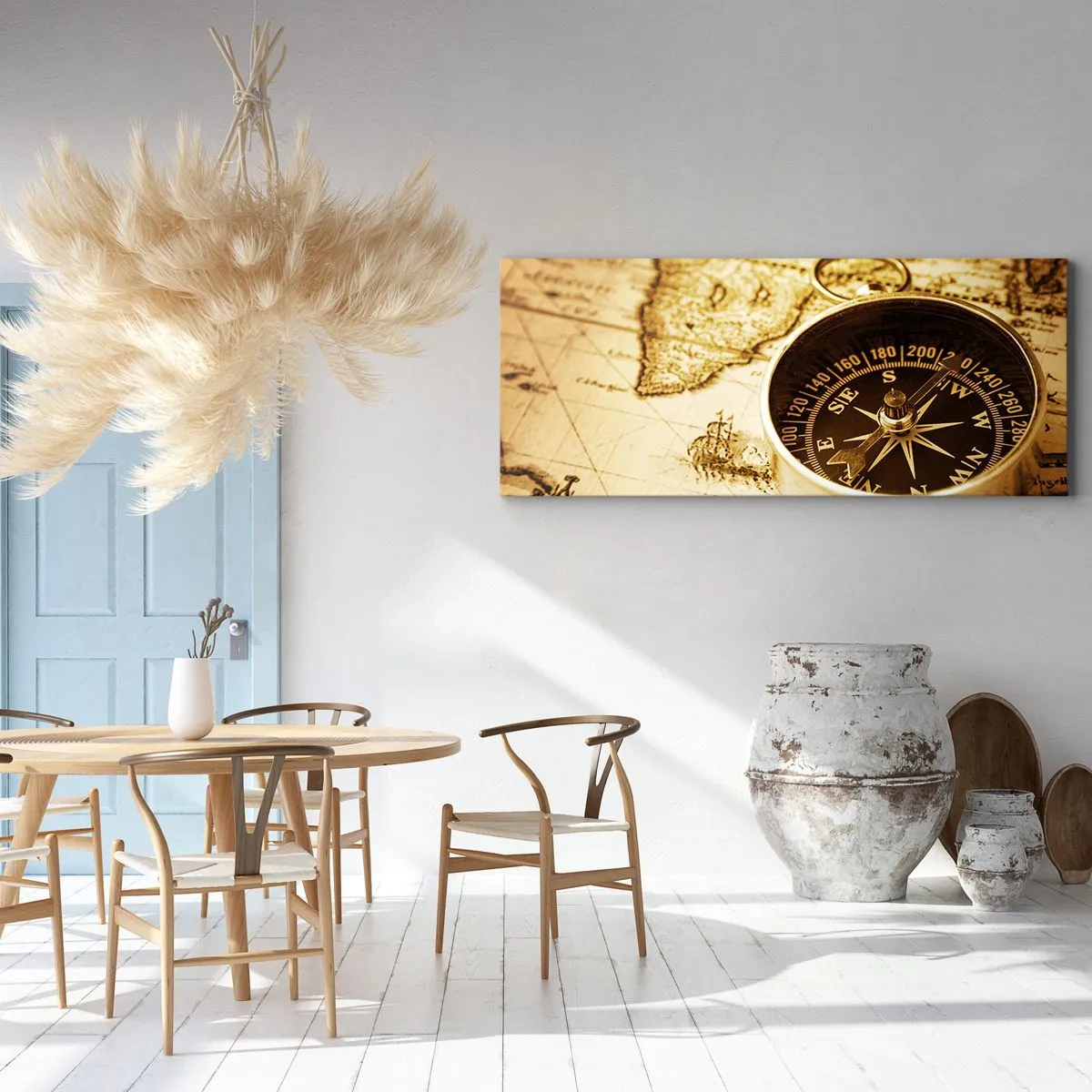 Impression sur toile - Image sur toile - Une boussole antique sur fond d'une vieille carte du monde - 160x50cm - Est ou ouest? - Décoration murale moderne pour le salon et la chambre ARTTOR