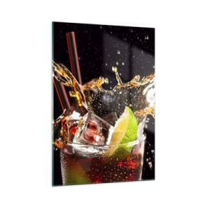Impression sur verre - Image sur verre - Un verre de boisson avec du citron vert et des éclaboussures sur un fond noir - 50x70cm - Joie et énergie des couleurs - Décoration murale moderne pour le salon et la chambre ARTTOR