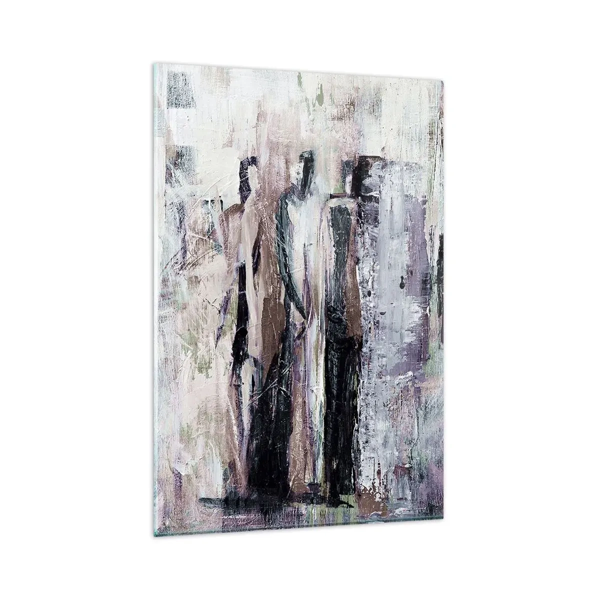 Impression sur verre - Image sur verre - Une composition abstraite avec trois personnages aux couleurs pastel. - 80x120cm - Les trois mystérieux - Décoration murale moderne pour le salon et la chambre ARTTOR