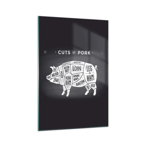 Impression sur verre - Image sur verre - Diagramme des coupes de porc sur fond noir - 70x100cm - L'art de la découpe - Décoration murale moderne pour le salon et la chambre ARTTOR