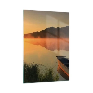 Impression sur verre - Image sur verre - Lever de soleil sur un lac calme avec un bateau sur le rivage - 50x70cm - Lever du soleil sur l'eau comme un miroir - Décoration murale moderne pour le salon et la chambre ARTTOR