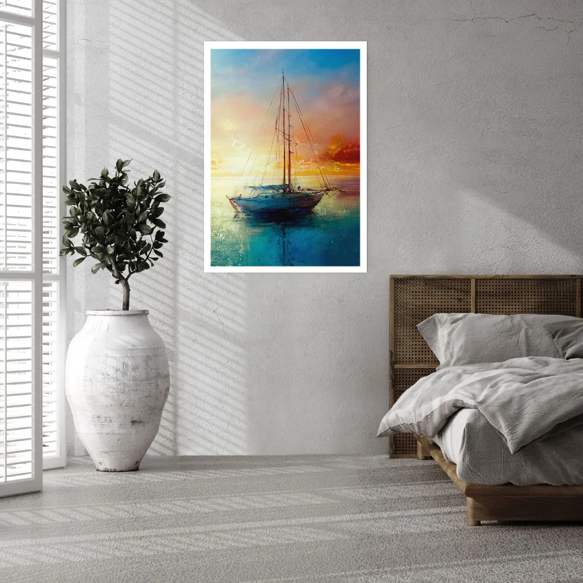Affiche - Poster - Un yacht sur une mer calme au coucher du soleil - 50x70cm - Dans une baie dorée - Décoration murale moderne pour le salon et la chambre ARTTOR