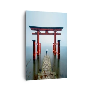 Impression sur toile - Image sur toile - Un portail torii surplombant un lac tranquille au Japon - 80x120cm - Rêverie japonnaise - Décoration murale moderne pour le salon et la chambre ARTTOR
