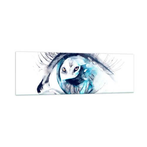 Impression sur verre - Image sur verre - Un œil avec une image d'un hibou dans des tons bleus à l'aquarelle - 160x50cm - Face à face avec la nature sauvage - Décoration murale moderne pour le salon et la chambre ARTTOR
