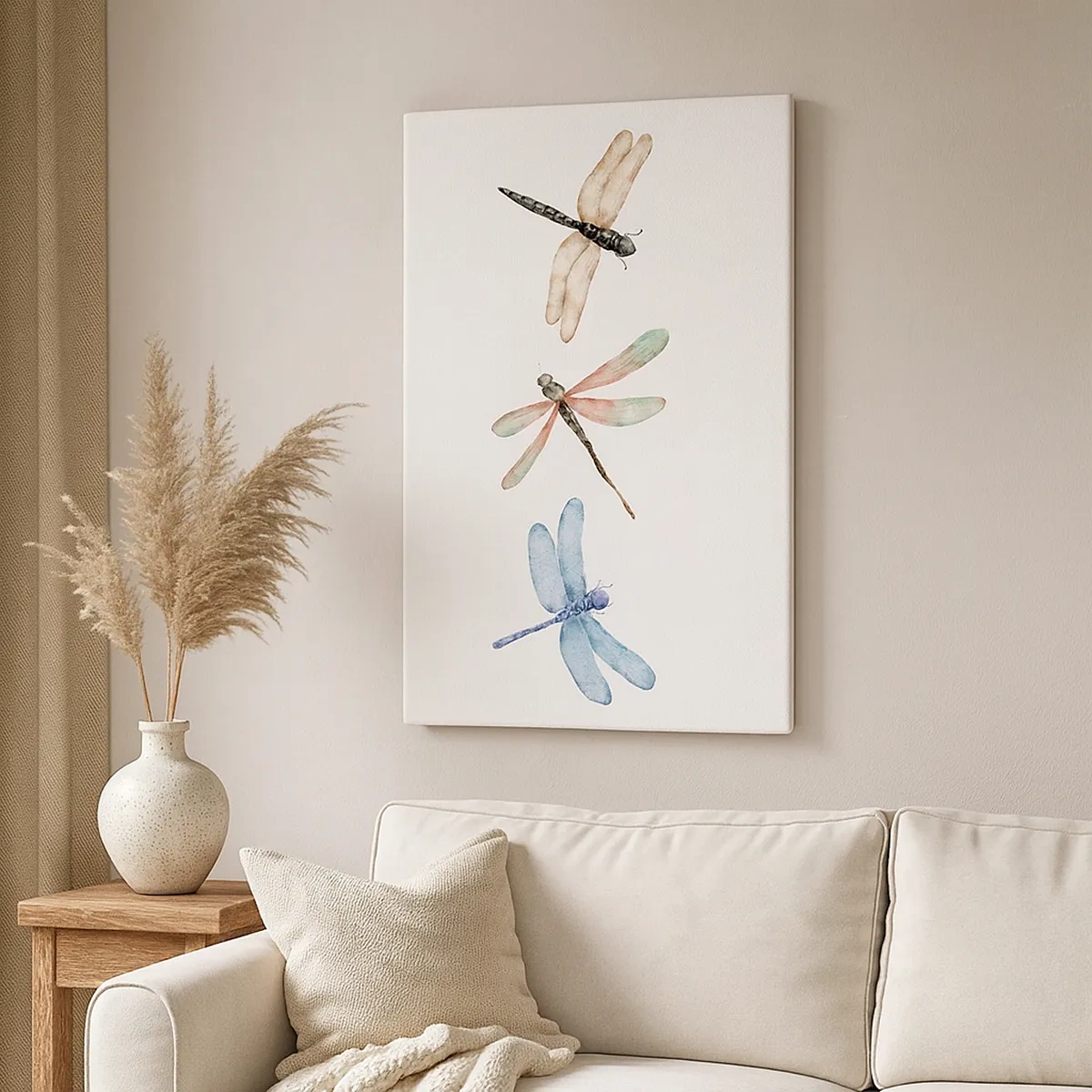 Impression sur toile - Image sur toile - Trois libellules aux couleurs pastel délicates - 50x70cm - Libellules en apesanteur - Décoration murale moderne pour le salon et la chambre ARTTOR