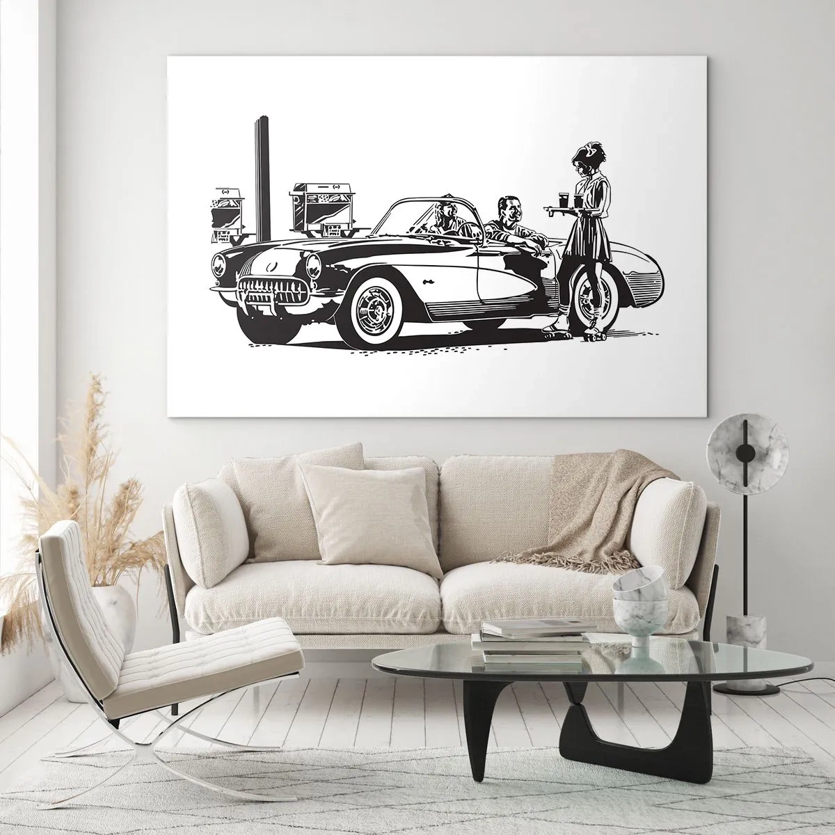Impression sur verre - Image sur verre - Graphiques créatifs avec une voiture classique et des personnages - 120x80cm - 60's - Amérique insouciante - Décoration murale moderne pour le salon et la chambre ARTTOR