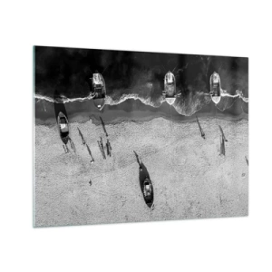 Impression sur verre - Image sur verre - Bateaux noirs et blancs et leurs ombres sur une plage de sable vue d'en haut - 70x50cm - Toujours sur le rivage… - Décoration murale moderne pour le salon et la chambre ARTTOR