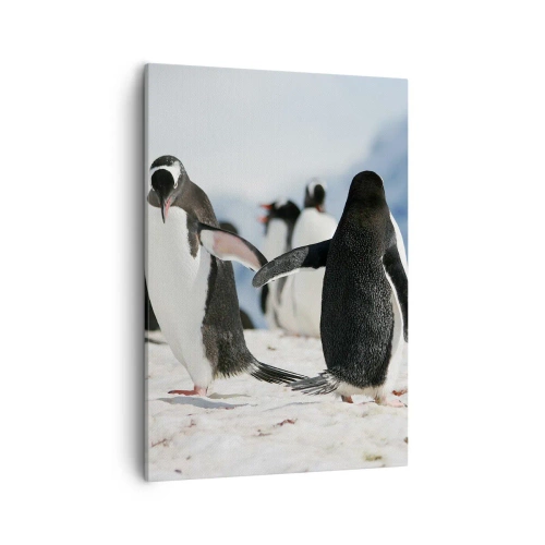 Impression sur toile - Image sur toile - Un groupe de pingouins dans la neige dans un paysage antarctique - 50x70cm - Danser dans la neige - Décoration murale moderne pour le salon et la chambre ARTTOR
