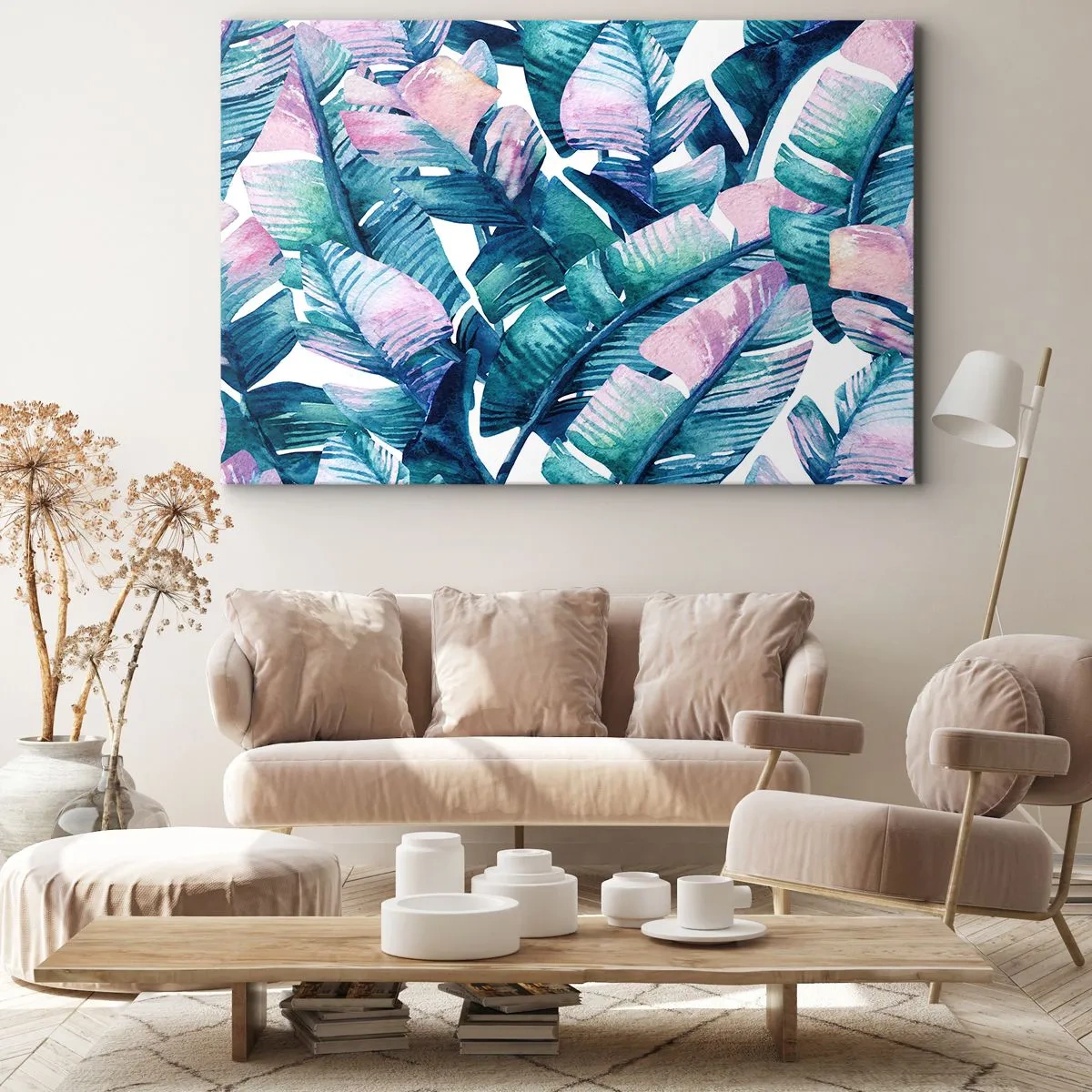 Impression sur toile - Image sur toile - Feuilles de bananier dans les tons bleu et rose - 100x70cm - Dans une bananeraie - Décoration murale moderne pour le salon et la chambre ARTTOR