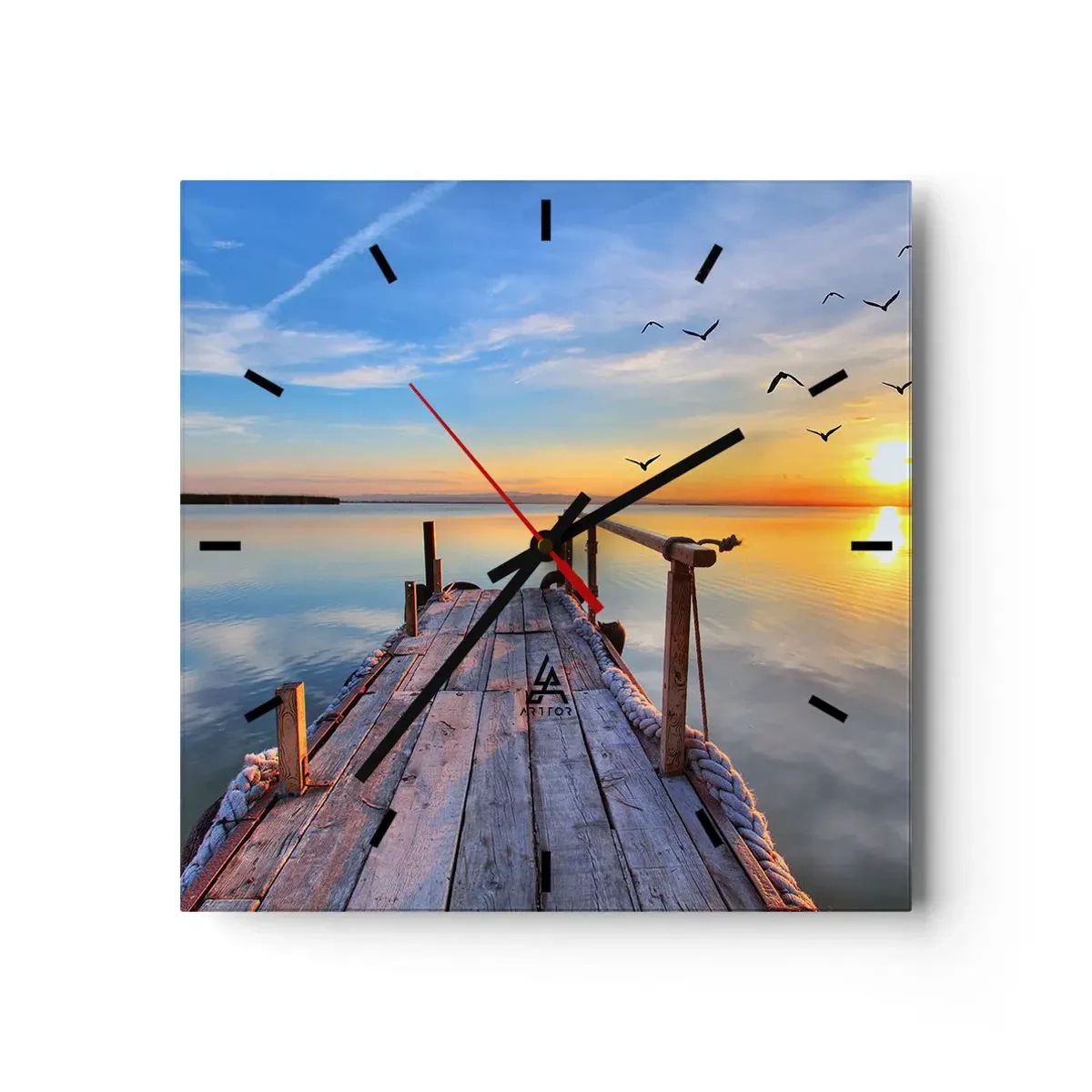 Horloge murale - Pendule murale - Jetée en bois au coucher du soleil sur un lac calme - 30x30cm - Marcher droit vers le soleil - Décoration murale moderne pour le salon et la chambre ARTTOR