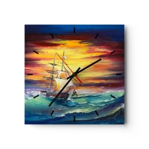 Horloge murale - Pendule murale - Un voilier sur fond de coucher de soleil coloré - 30x30cm - Courageusement sous les vagues - Décoration murale moderne pour le salon et la chambre ARTTOR