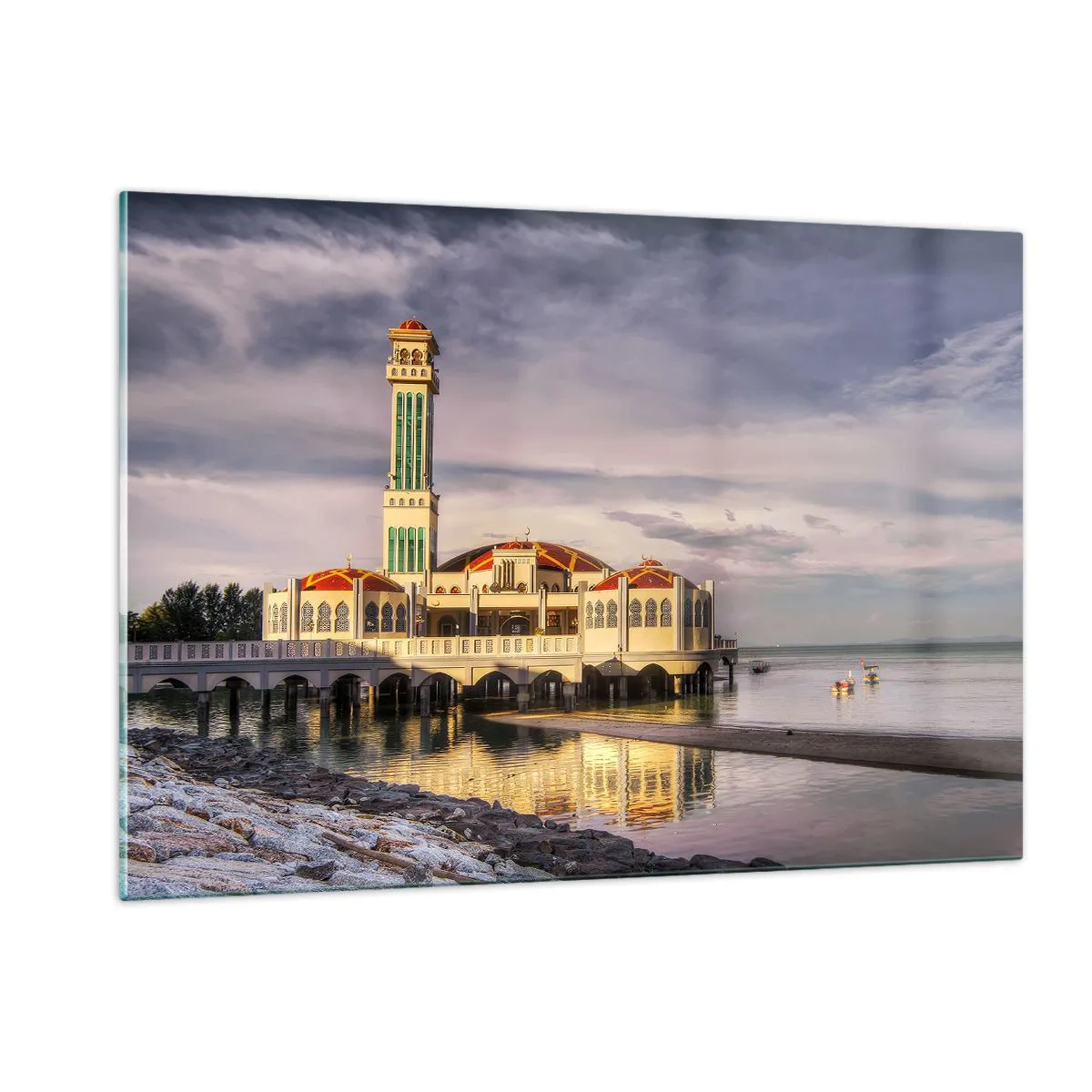 Impression sur verre - Image sur verre - Mosquée sur l'eau dans une lumière pittoresque - 120x80cm - Temple de la nature - Décoration murale moderne pour le salon et la chambre ARTTOR