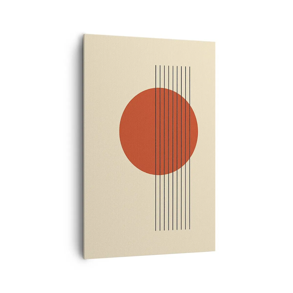 Impression sur toile - Image sur toile - Cercle rouge abstrait avec des lignes sur fond beige. - 80x120cm - Aux alentours et plus loin - Décoration murale moderne pour le salon et la chambre ARTTOR