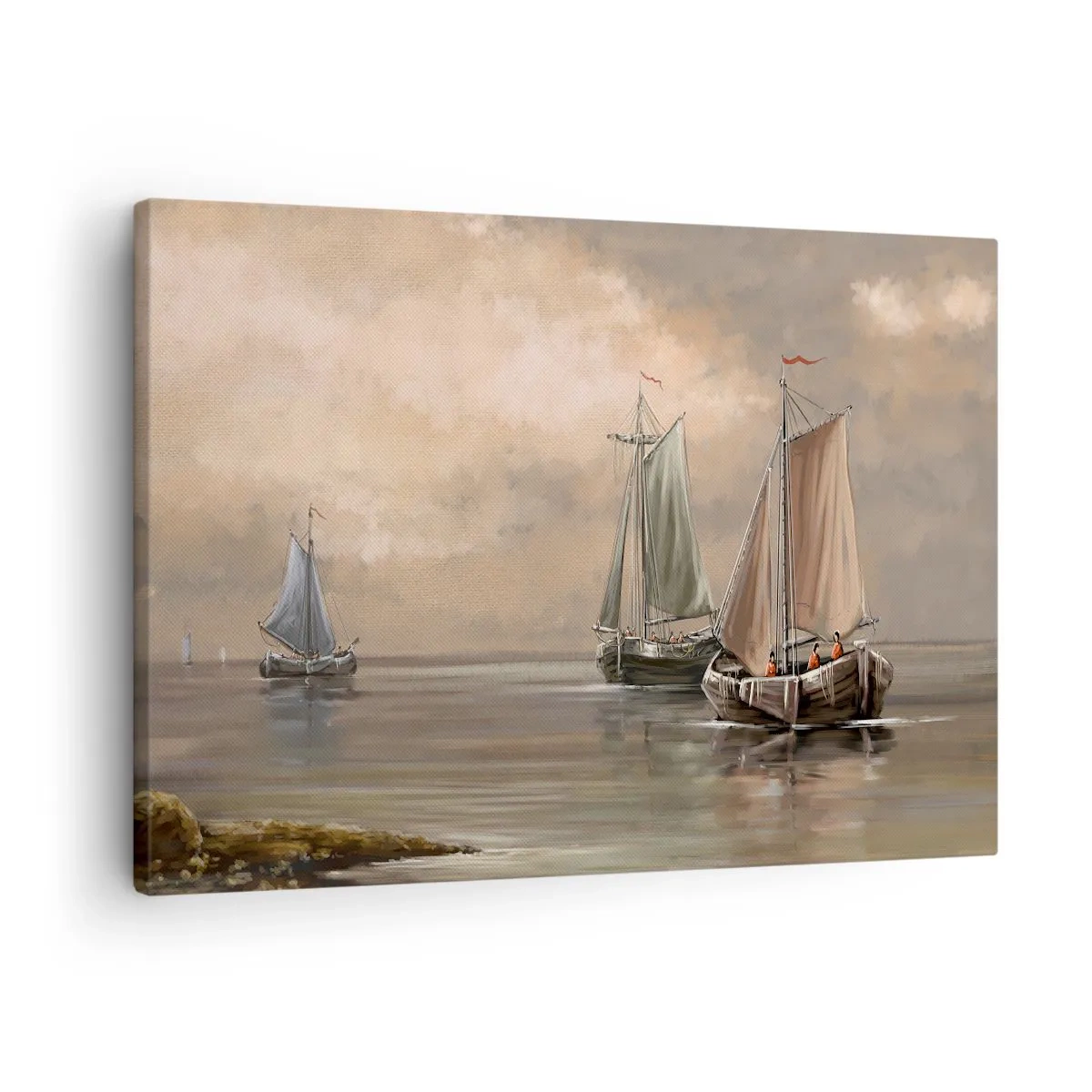 Impression sur toile - Image sur toile - Voiliers sur une mer calme dans un décor pastel - 70x50cm - Le retour des marins - Décoration murale moderne pour le salon et la chambre ARTTOR