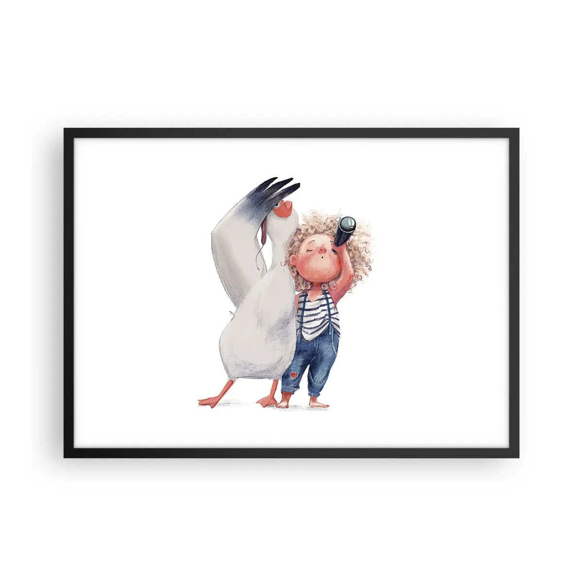 Affiche dans un cadre noir - Poster - Illustration d'un enfant avec un pélican et un télescope à la main - 70x50cm - Plan de grand voyage - Décoration murale moderne pour le salon et la chambre ARTTOR
