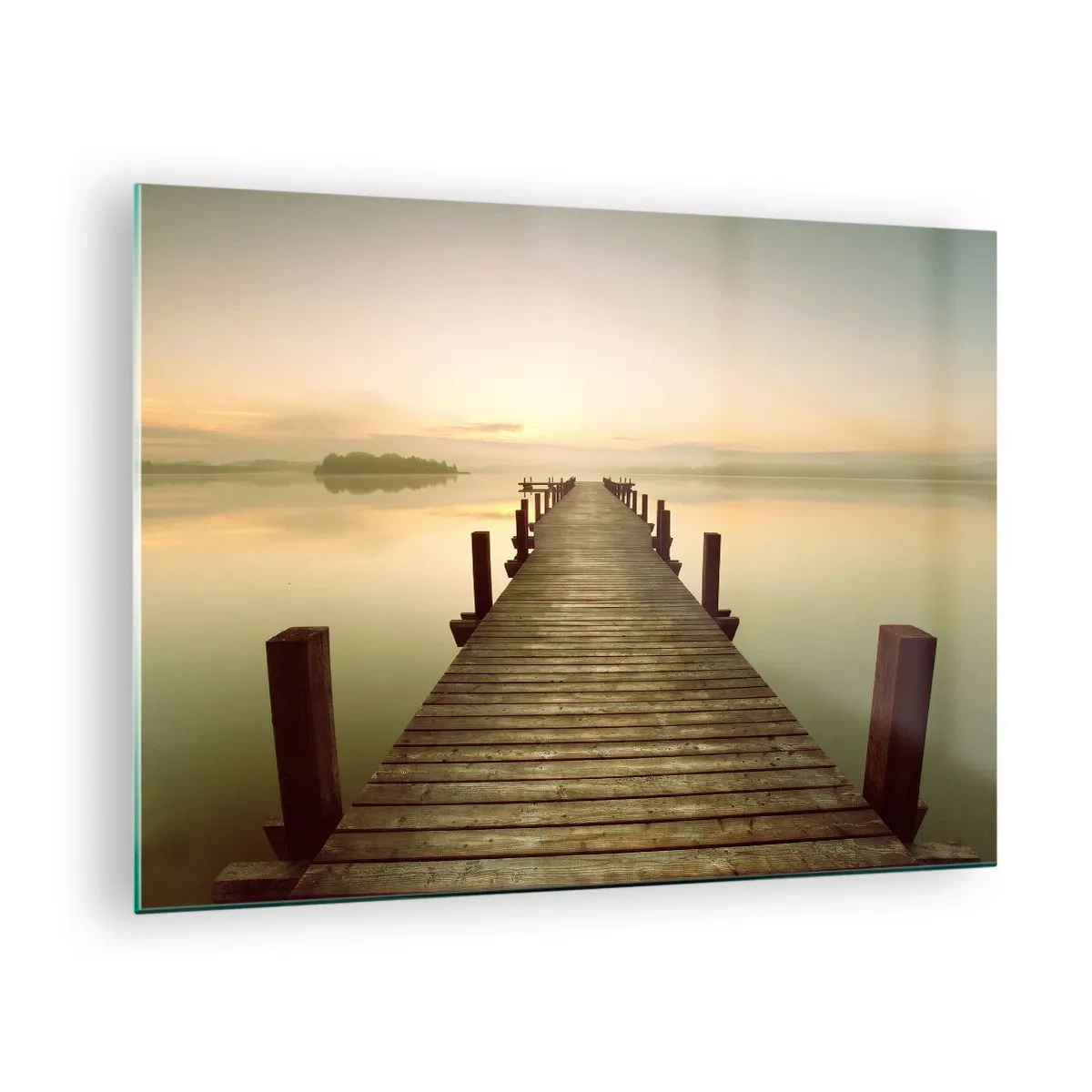 Impression sur verre - Image sur verre - Une jetée en bois sur un lac calme à l'aube - 70x50cm - L'aube, les premières lueurs, le jour  - Décoration murale moderne pour le salon et la chambre ARTTOR
