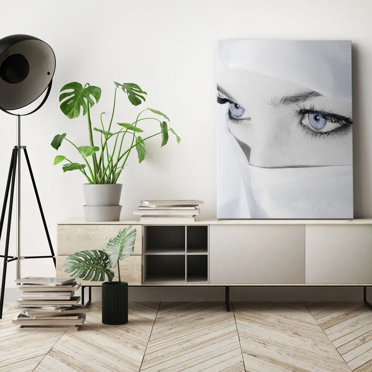 Impression sur toile - Image sur toile - Portrait d'une femme aux yeux bleus cachés derrière un voile blanc - 70x100cm - Directement des mille et une nuits - Décoration murale moderne pour le salon et la chambre ARTTOR