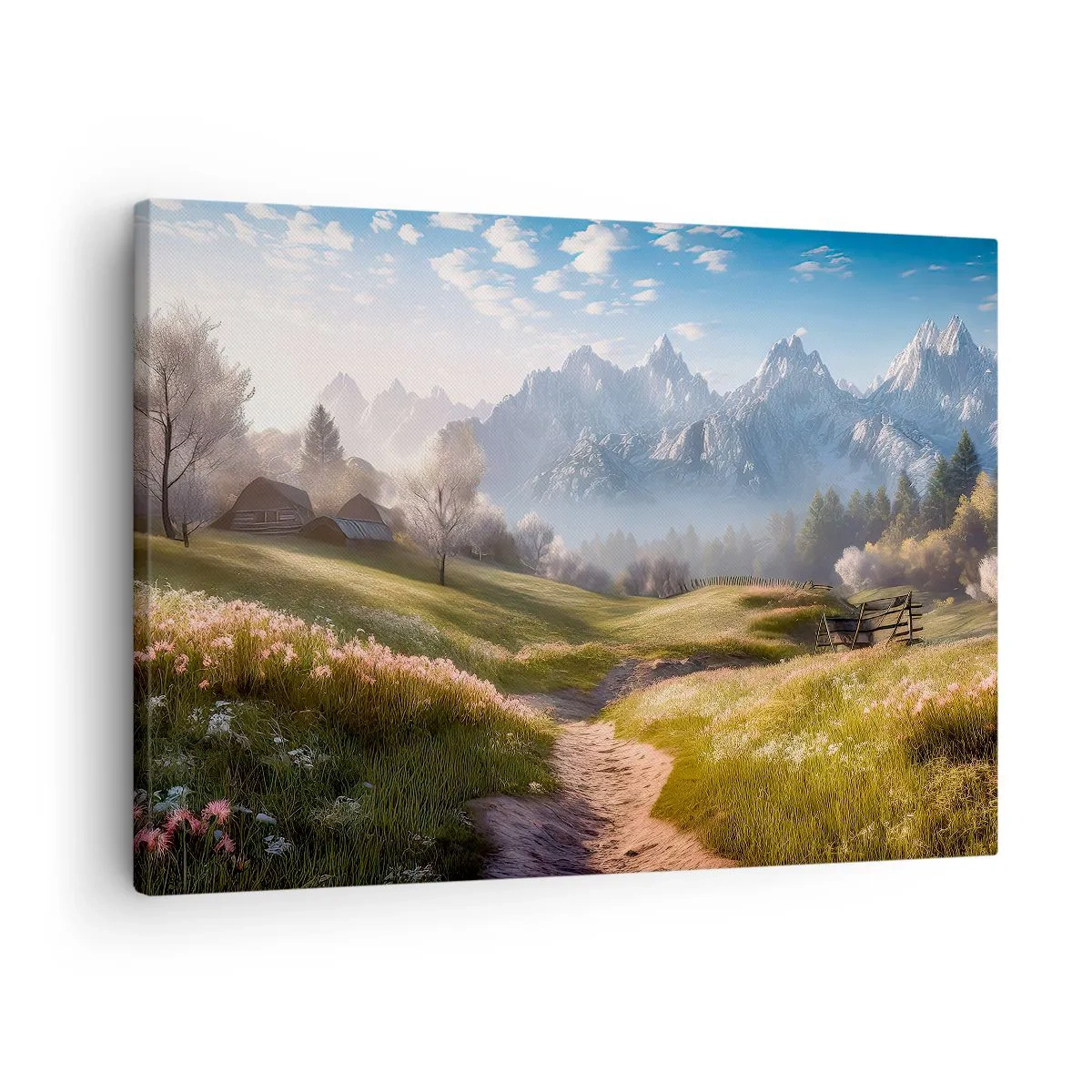 Impression sur toile - Image sur toile - Une vallée de montagne avec des prairies, des cabanes et une vue sur les sommets - 70x50cm - Vallée idyllique - Décoration murale moderne pour le salon et la chambre ARTTOR