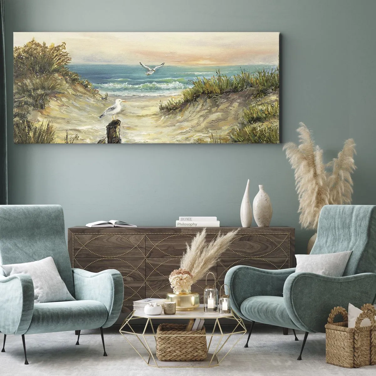 Impression sur toile - Image sur toile - Côte avec mouettes et dunes au coucher du soleil - 120x50cm - Retraite au calme - Décoration murale moderne pour le salon et la chambre ARTTOR