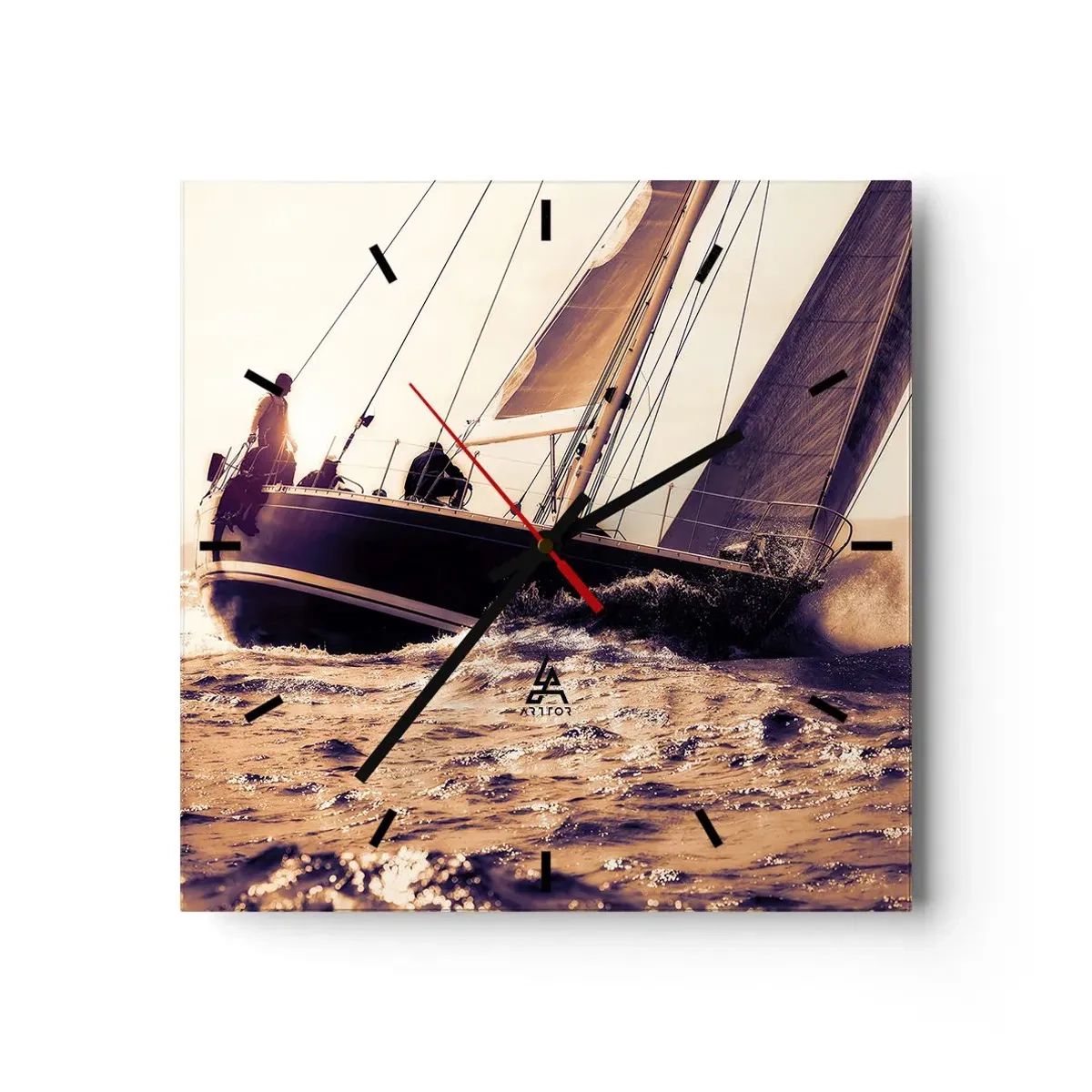 Horloge murale - Pendule murale - Un yacht sur une mer agitée à la lumière du soleil couchant - 30x30cm - Navigue, marin - Décoration murale moderne pour le salon et la chambre ARTTOR
