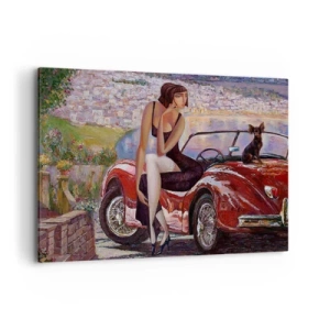 Impression sur toile - Image sur toile - Une femme près d'une voiture rouge avec une ville en arrière-plan - 100x70cm - L'été? Uniquement sur la Côte d'Azur - Décoration murale moderne pour le salon et la chambre ARTTOR