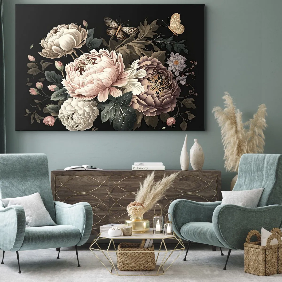 Impression sur toile - Image sur toile - Un bouquet de fleurs roses et de papillons sur fond noir - 100x70cm - De style baroque - Décoration murale moderne pour le salon et la chambre ARTTOR