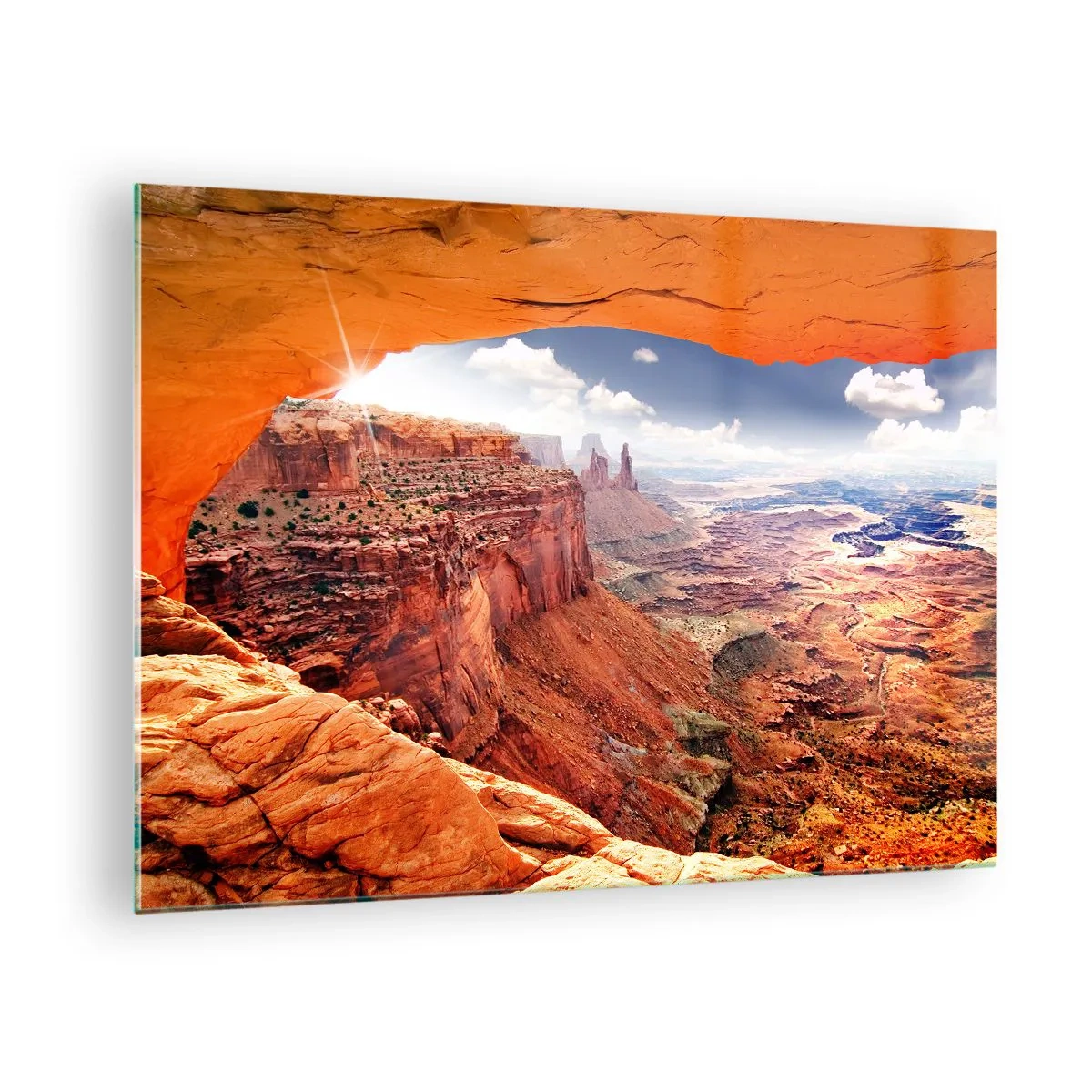Impression sur verre - Image sur verre - Vue du canyon à travers une arche rocheuse avec les rayons du soleil - 70x50cm - Sculpté par la nature elle-même - Décoration murale moderne pour le salon et la chambre ARTTOR