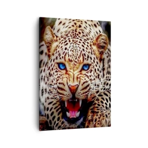 Impression sur toile - Image sur toile - Un léopard menaçant aux yeux bleus intenses - 50x70cm - La colère de la beauté ne fait pas de mal - Décoration murale moderne pour le salon et la chambre ARTTOR